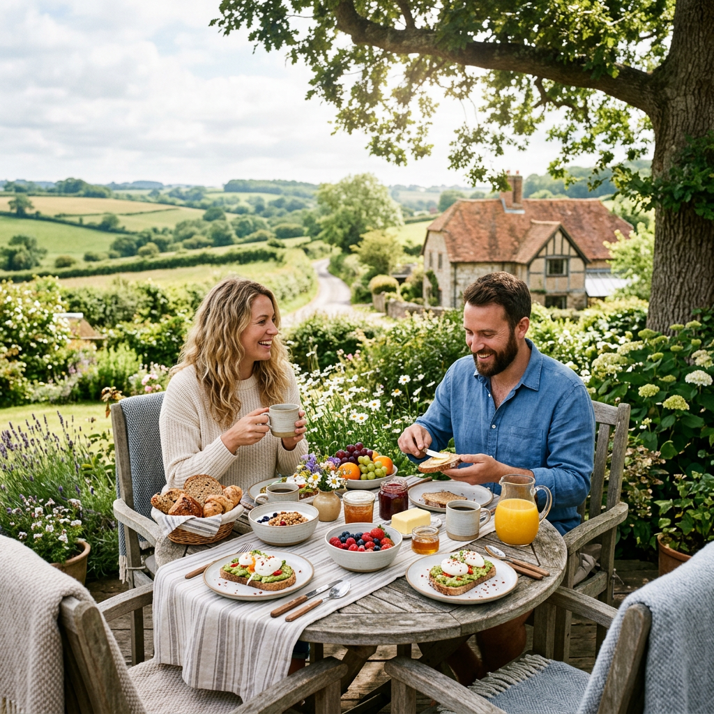 Couple having breakfast outdoors at rustic table with breakfast foods