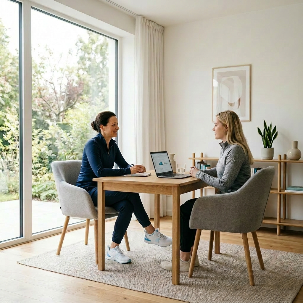 Two women sitting across a wooden table in a bright office discussing career coaching.