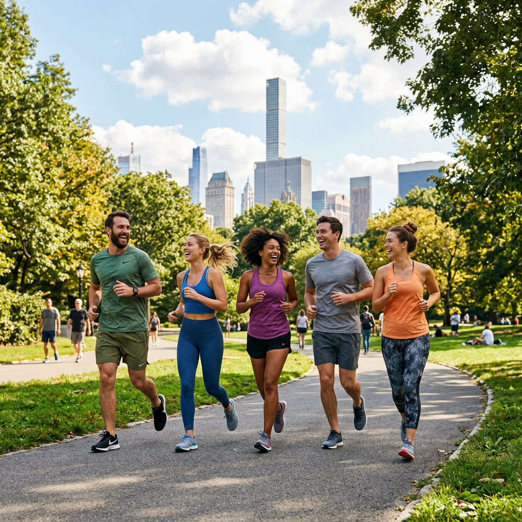 Five people jogging together on a path in a green park with city skyscrapers in the background